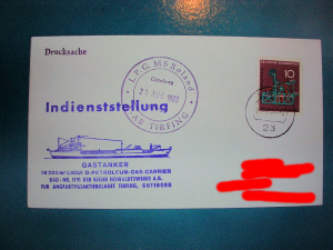 LPG "MS Roland" Indienststellung Göteborg 21.08.1968 naval postmark