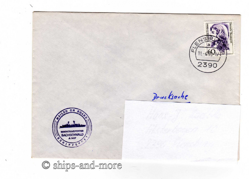 A 1437 Sachsenwald Minentransporter naval postmark Flensburg 11.4.90