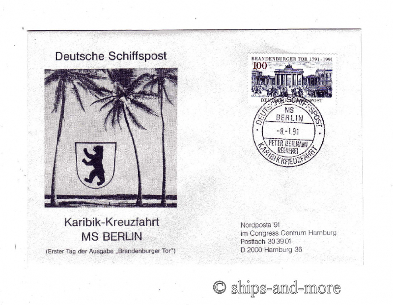 Kreuzfahrtschiff "MS Berlin" Schiffspostbeleg Karibikkreuzfahrt 8.1.91