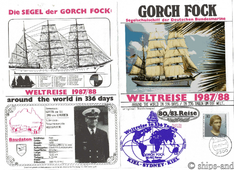 Gorch Fock sail ship naval postmark 1987-1988; Kiel