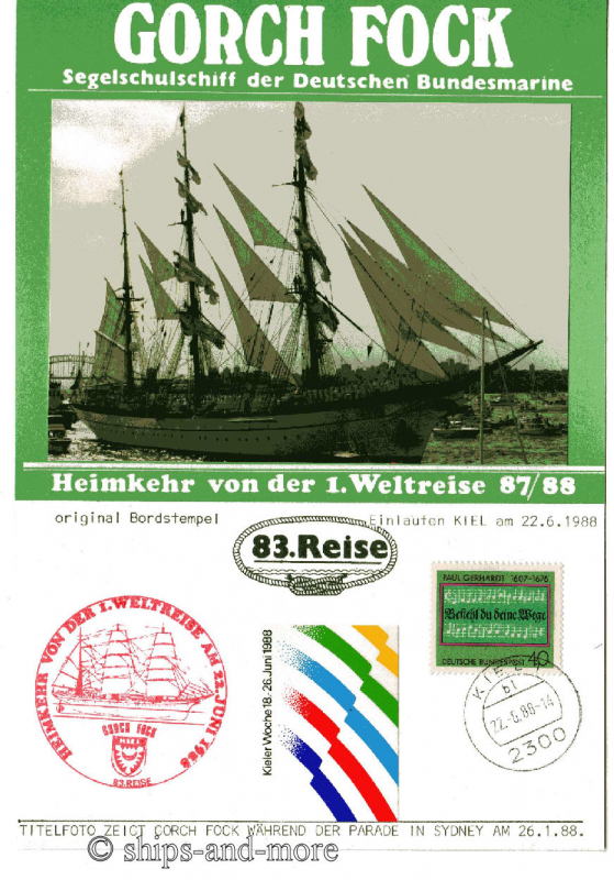 Gorch Fock sail ship naval postmark 1987-1988; Kiel